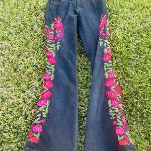 Vintage EST 1888 Rocker Black Stretch Denim Beaded Embellished Red Roses